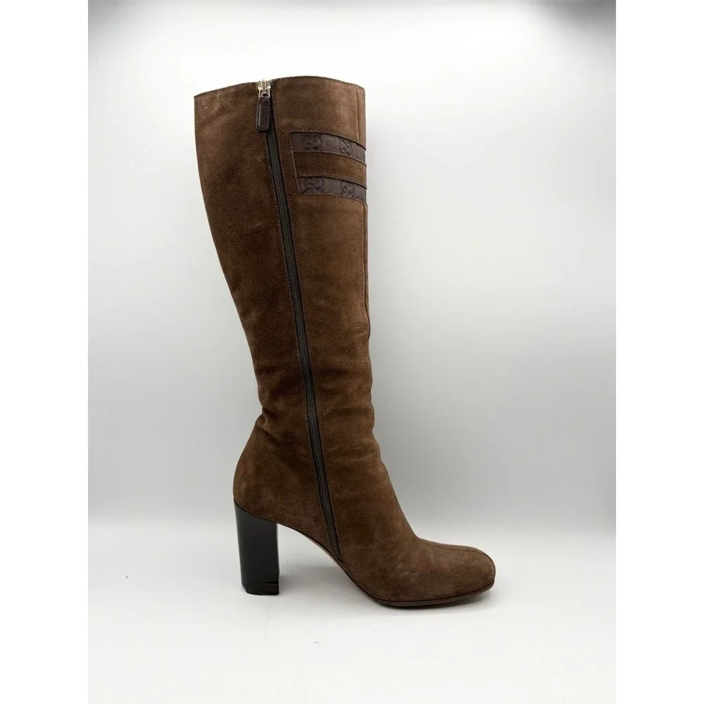 Gucci Brown Suede Knee High Boots GG Logo Accent Silver Horse-bit Size EU 36.5